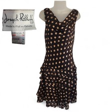 Vtg Joseph Ribkoff Size 8 Brown Polka Dot Sheath Dress Tiered Ruffles Cowl Neck
