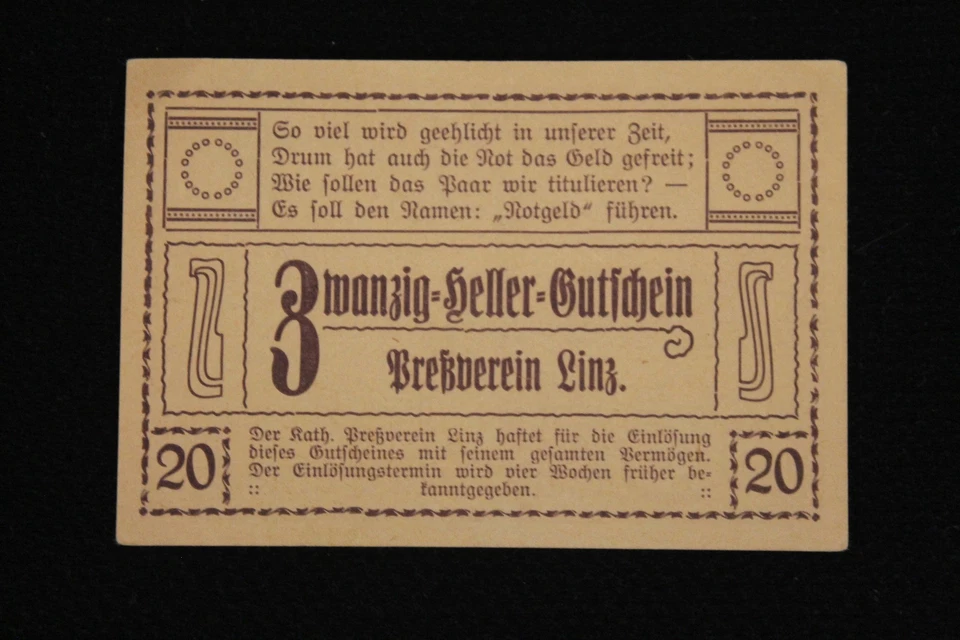 Rare -  1920 Austria Linz Notgeld 20 Heller Banknote Currency - Image 2 of 2