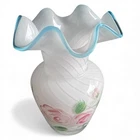 Vintage Fenton Hand Painted Roses White Swirl Glass Vase Blue Ruffled Top 6"