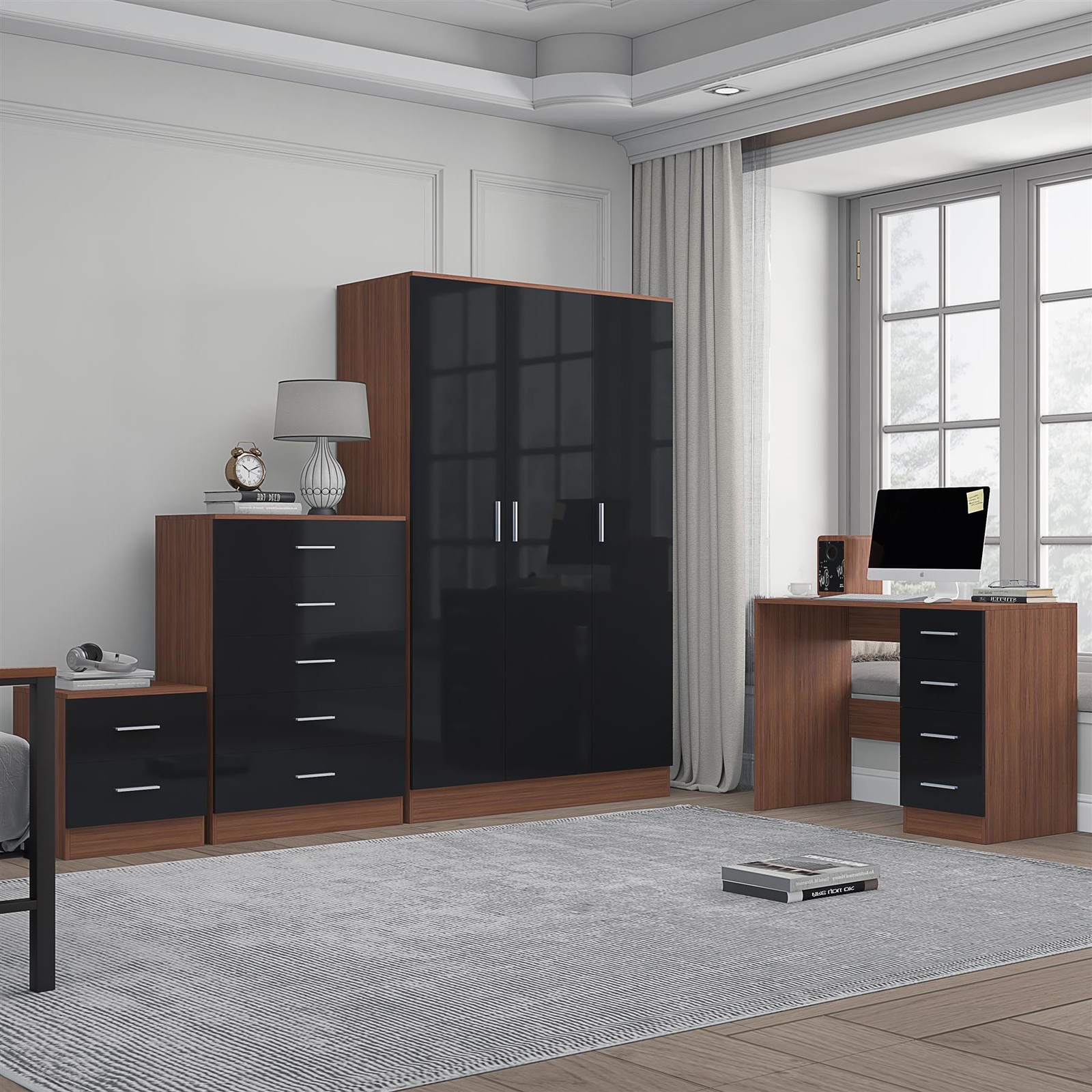 REFLECT Bedroom Set - 3 Door + Chest + Bedside + Desk - Black/Walnut