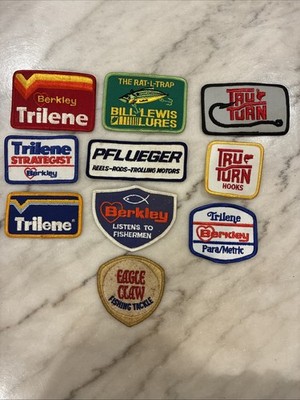 Lot Of 10 Vintage fishing patches Trilen, Rat-L-Trap, Berkley, PFLUEGER 