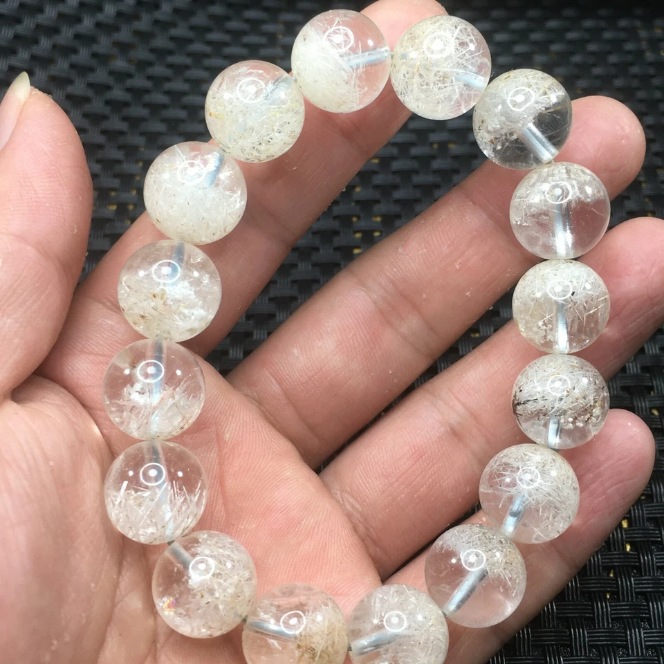 Natural Phenakite White Rutilated Quartz Snow Round Beads Bracelet 13mm AAAA - Image 3 of 4