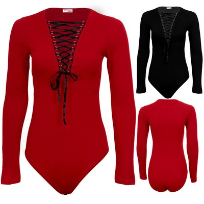 Ladies Long Sleeve Adjustable Lace Up Front Plunge Textured Bodysuit Leotard | eBay