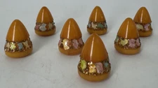 Lot of 7 Butterscotch Bakelite Beads w/ Glitter Decoration Bullet Shape Vintage