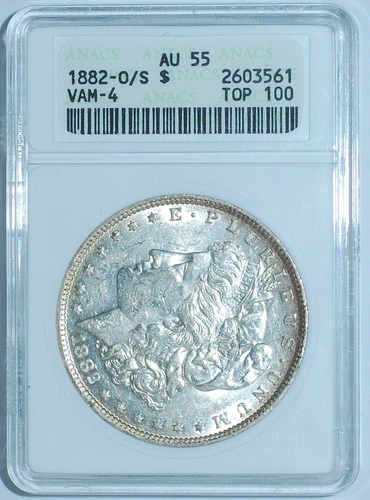 1882 O/S Strong ANACS AU55 VAM-4 Recessed Morgan Silver Dollar