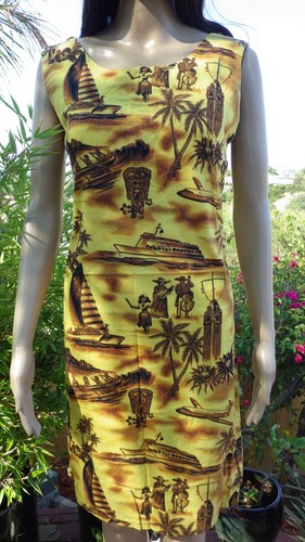 Seltenes Vintage hawaiianisches Kleid Hula Tiki Aloha Airlines Diamantkopf Hawaii Medium - Bild 2 von 12