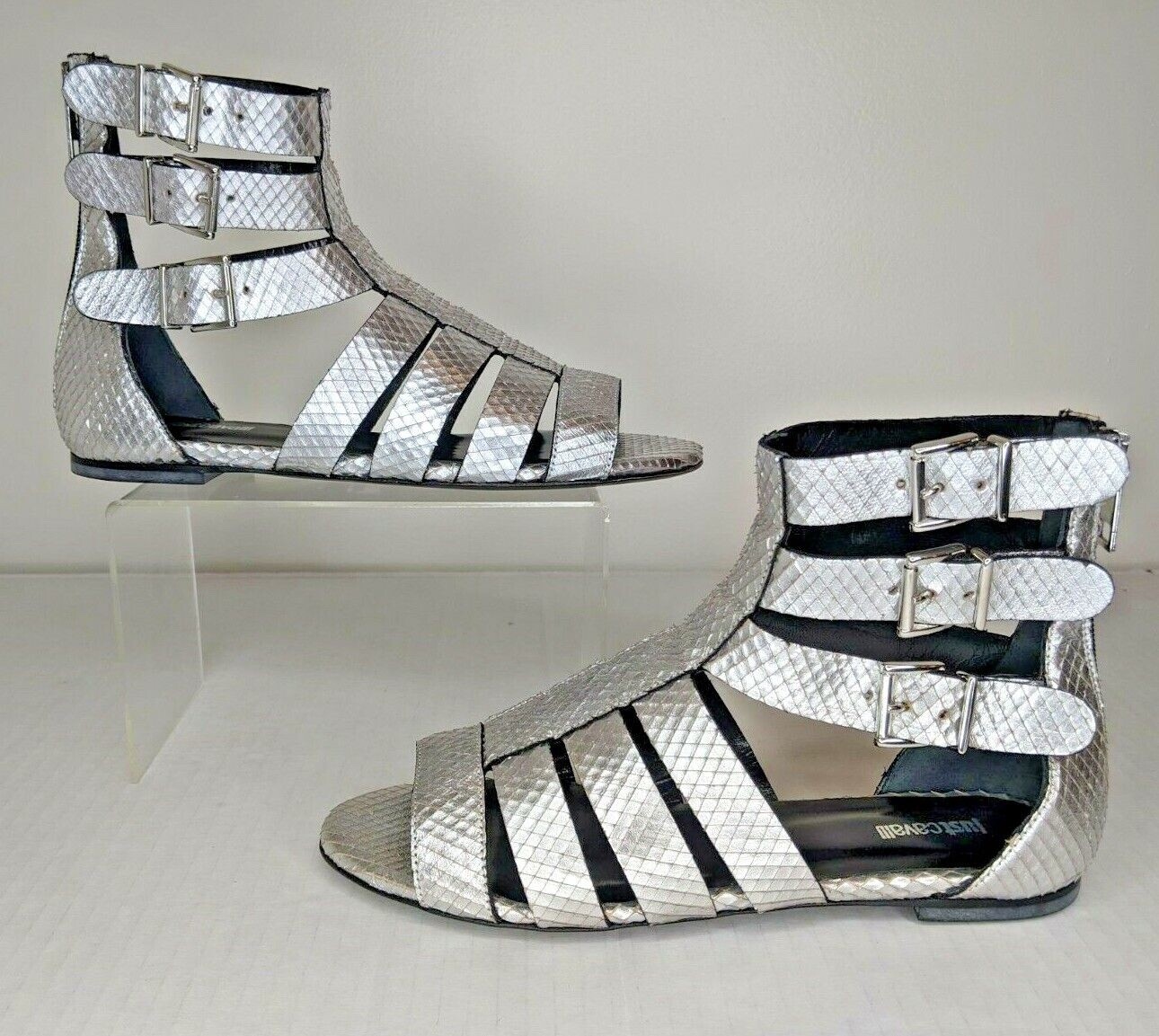Just Cavalli Python Silver Flat Gladiator Sandal … - image 1