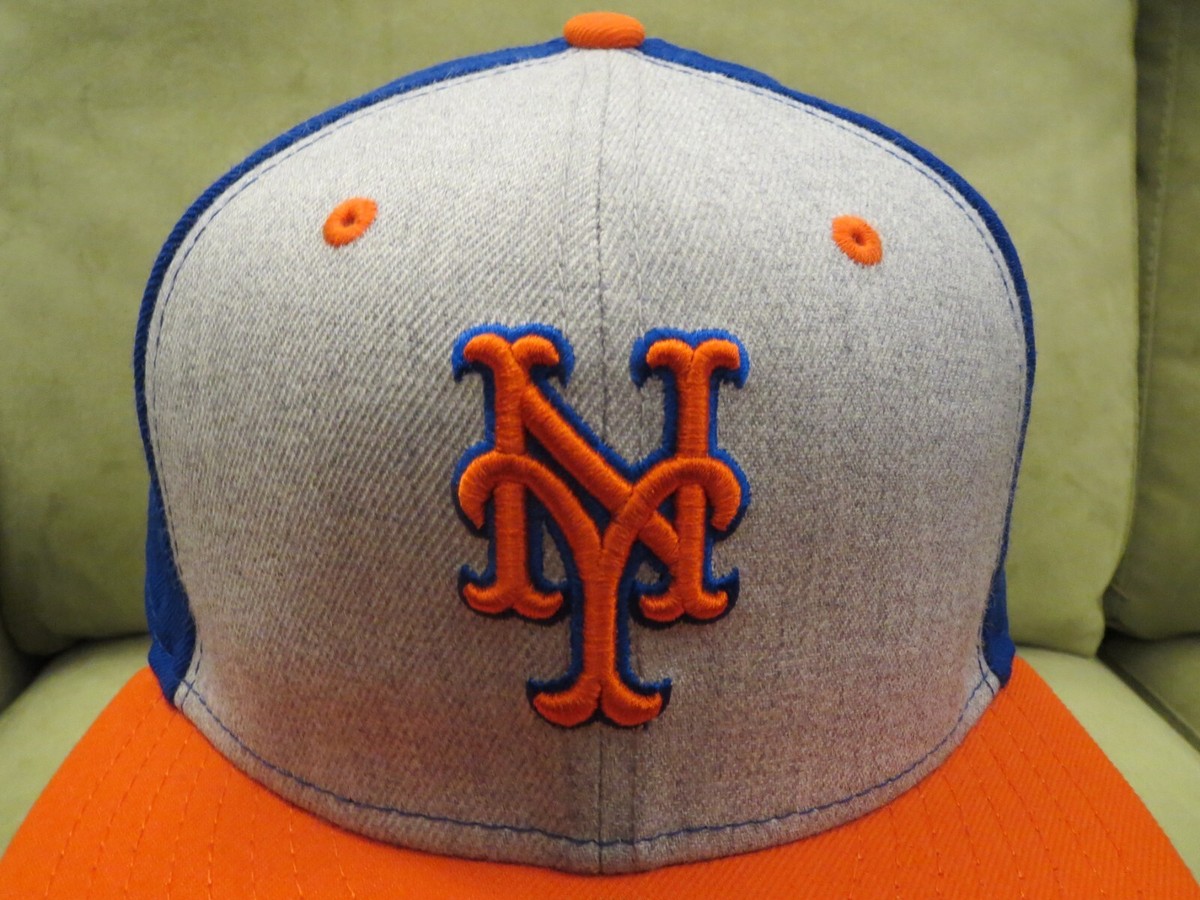 New Era NY Mets Blue Fitted Hat, Gray Heather Wedge Front, Orange