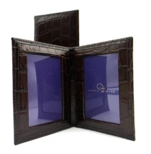 Bifold Frame MINI Holds Two 2x3" Photos Leather BROWN Crocodile Embossed