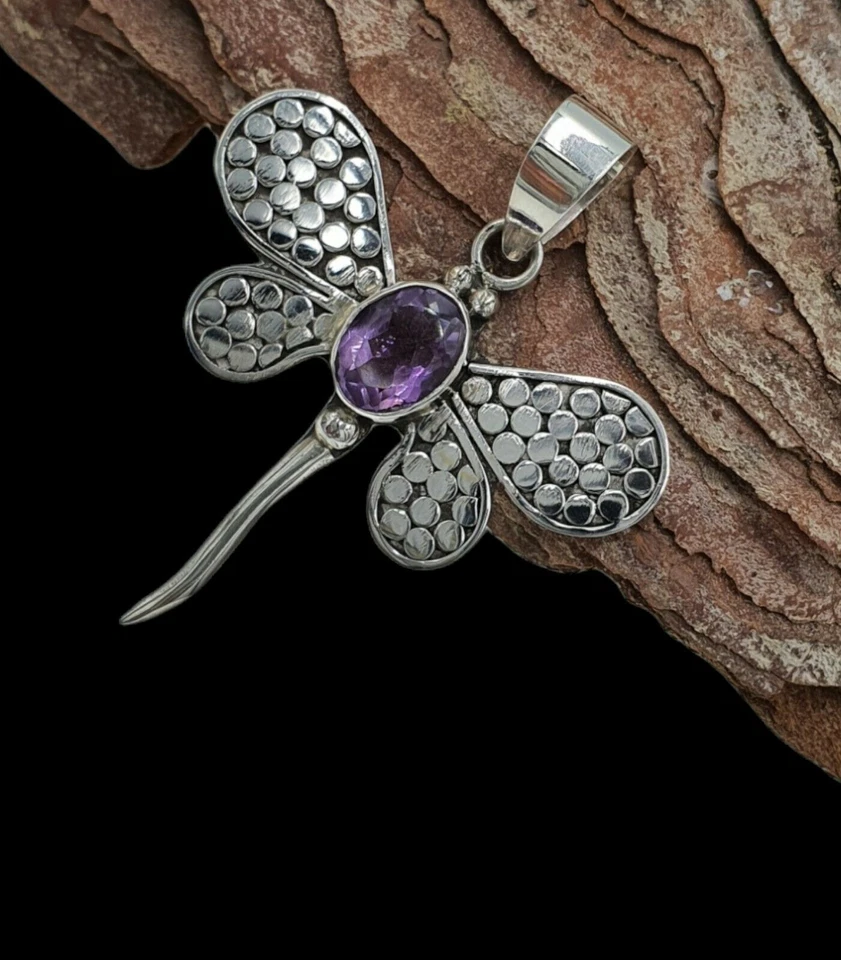 Ciondolo Donna Libellula Ametista Viola 925er Argento Sterling a Mano Regalo - Immagine 4 di 4