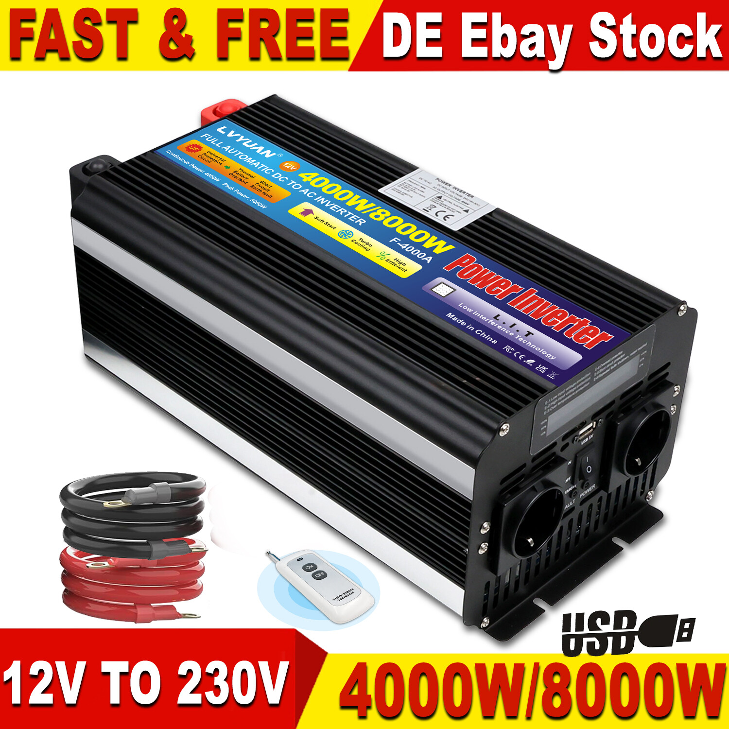 4000W 8000W Convertidor de Voltaje 12V a 230V Inversor Inversor Mando a Distancia