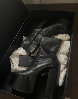 Saint Laurent Billy Black Leather Platform Ankle Heel Boot Size 38