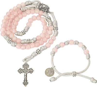 Rose Quartz  Natural Beads Rosary Paracord Rugged Set St. Benedict Bracelet