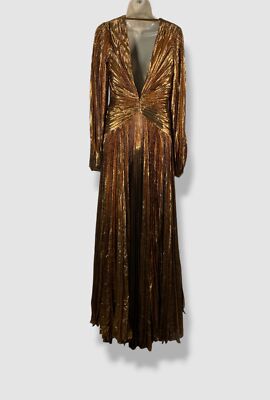 Zuhair Murad Womens Gold Plunging Metallic Lame Pleated Long-Sleeve Dress  Size 4 | eBay