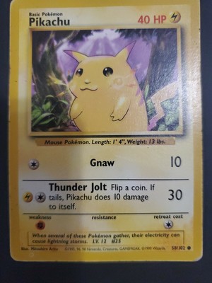1995 Pikachu Gnaw Pokemon Card 58/102 Rare. 40 HP NM/Mint. Very Good