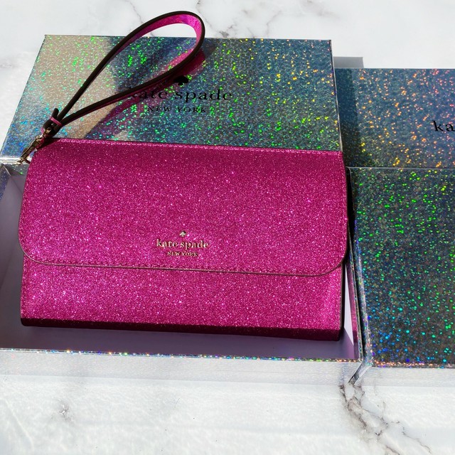 Kate Spade Lola Glitter Boxed Medium Phone Wristlet Wallet Clutch Pink