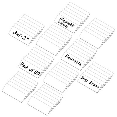 60 Dry Erase Magnetic Labels: 3''x1.2'' Blank White Name Plates, Name Tags, Str...