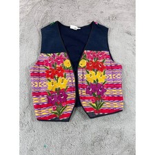 Accento Vintage Indigo Floral Hand Embroidered Vest Guatemala Cottagecore XL
