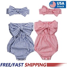 Baby Infant Girls 2PCS Outfit Sleeveless Striped Romper Bodysuit  Headband Set