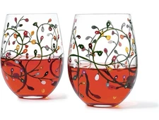 Winter Themed Lights Stemless Wine & Water Glasses - Artisanal Hand Painted, NIB