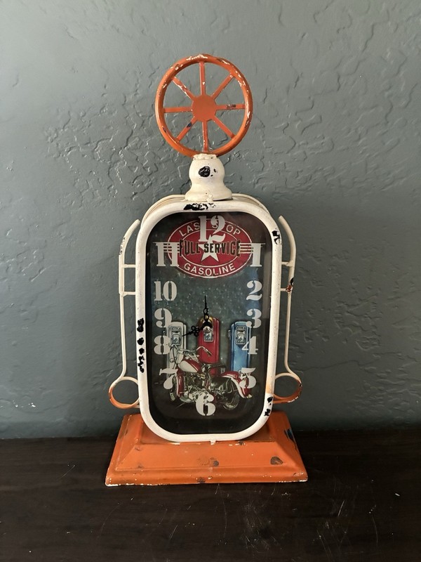 Gasoline Motorcycle Metal Clock. SunRay. Full Service. Last Stop. Distressed.