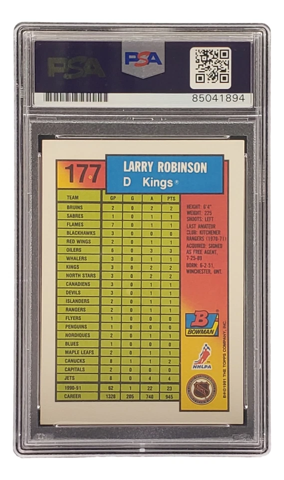 Larry Robinson Signed 1991 Bowman #177 Los Angeles Kings Hockey Card PSA/DNA - Image 2 of 3