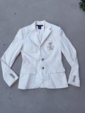 Ralph Lauren White  Silver Embroidered Classic Cotton Blazer Women's Size 4