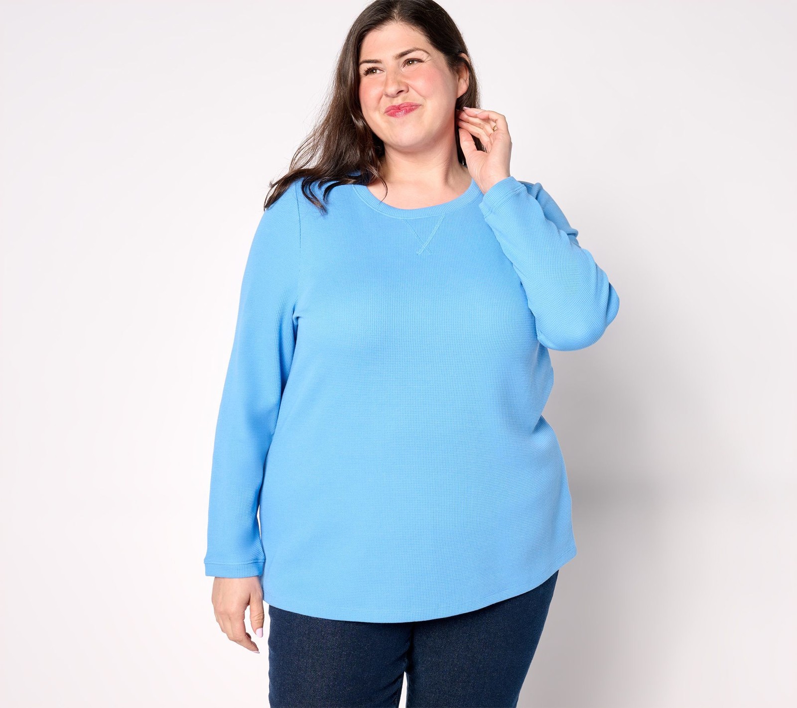 Denim & Co. Women's Top Sz XS Essentials Waffle Knit Long-Sleeve Blue A452046