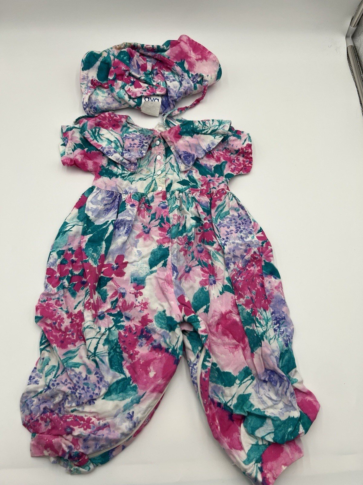 Vintage Ava baby 80’s/90’s Pink Floral bubble Romper Hat 18M Boulder Colorado
