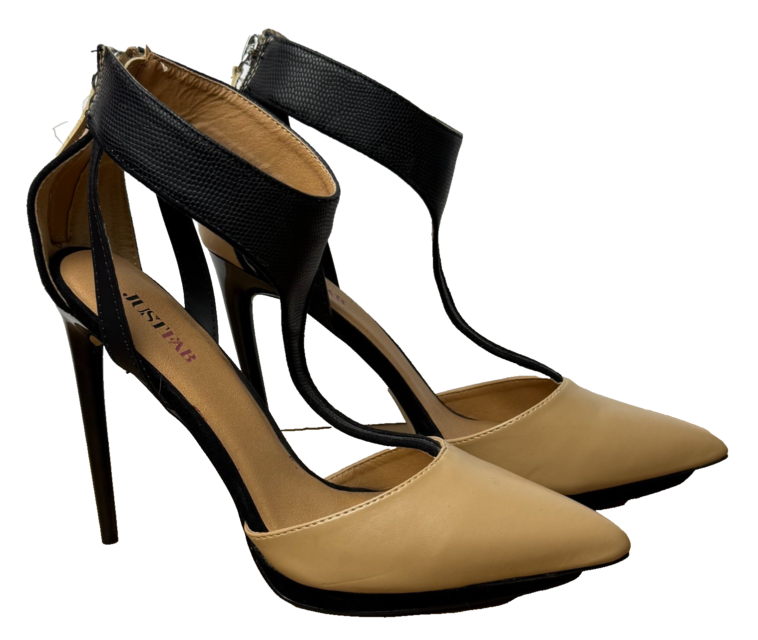 JustFab Lila Pointed Toe Stiletto Heels 8 New Ankle Strap Beige Black Going Out
