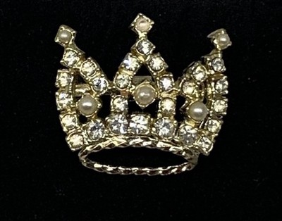 VTG Royal Crown Brooch Pin 1.75'' Faux Pearls Clear Rhinestones Gold Tone MCM
