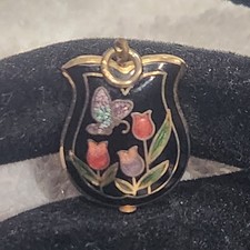 Vintage Cloisonne Flower Pendant Butterfly and Tulip Black Gold Tone
