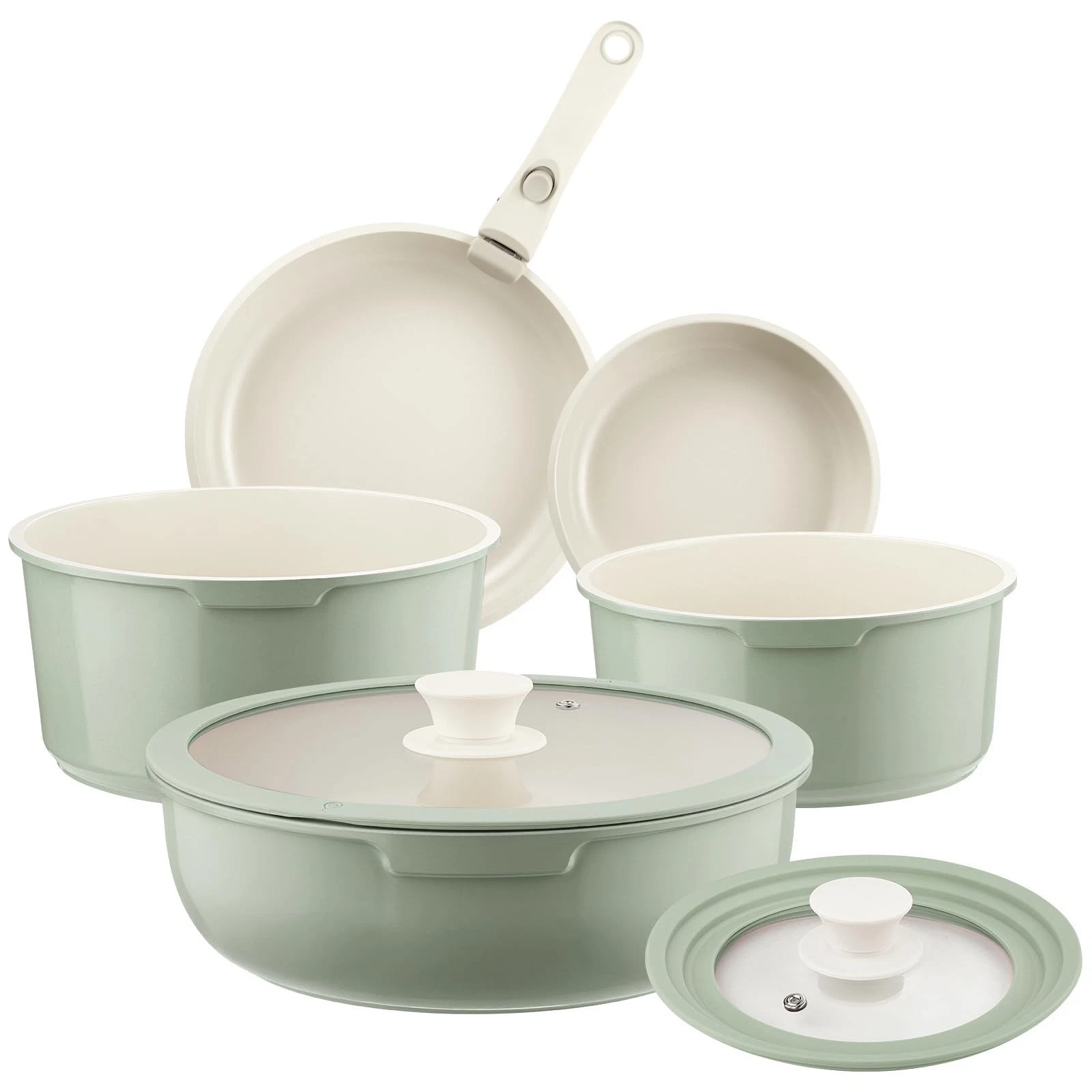 Ceramic Pots and Pans Set Non Stick Green, 8 Pcs Nonstick Cookware Set with D...