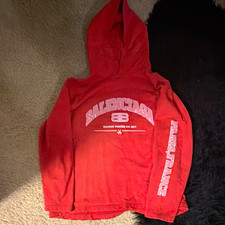 Balenciaga Unifit Red Pullover Hoodie L Cotton Fleece Graphic Print Paris Logo