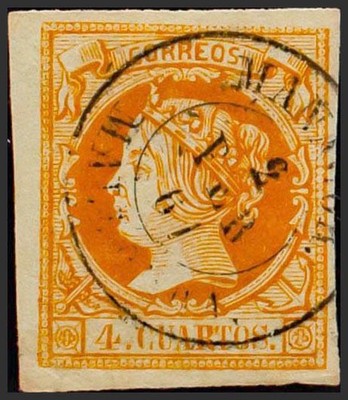 Balearic Islands. Philately. Used 52. 1860. 4 Yellow Quarters. Cancellation MANA
