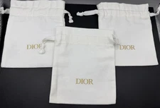 Lot Of 3 ~ CHRISTIAN DIOR White Drawstring Bag Travel Storage Gold Logo 6x5”