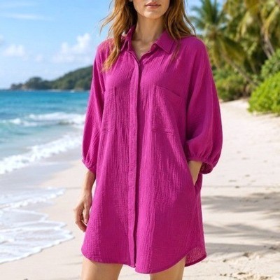 YFB Young Fabulous & Broke Magenta Cotton Gauzy Oversize Coverup Shirt Dress L