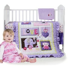 Crib Bedding Set 3 Pieces Purple Baby Girls Cotton Patchwork Flowers Elephant...