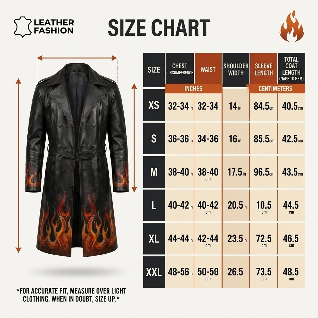 Men's Black HandForged Leather Trench Coat Gothic Flame Print Long Biker Duster - product detail image 5