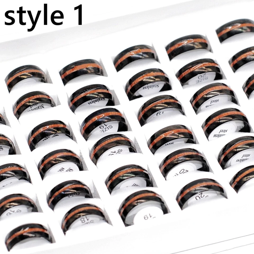 Lotes a granel 30 anillos de banda con patrón de madera para hombres moda acero inoxidable dijes joyería Foto 2 de 4