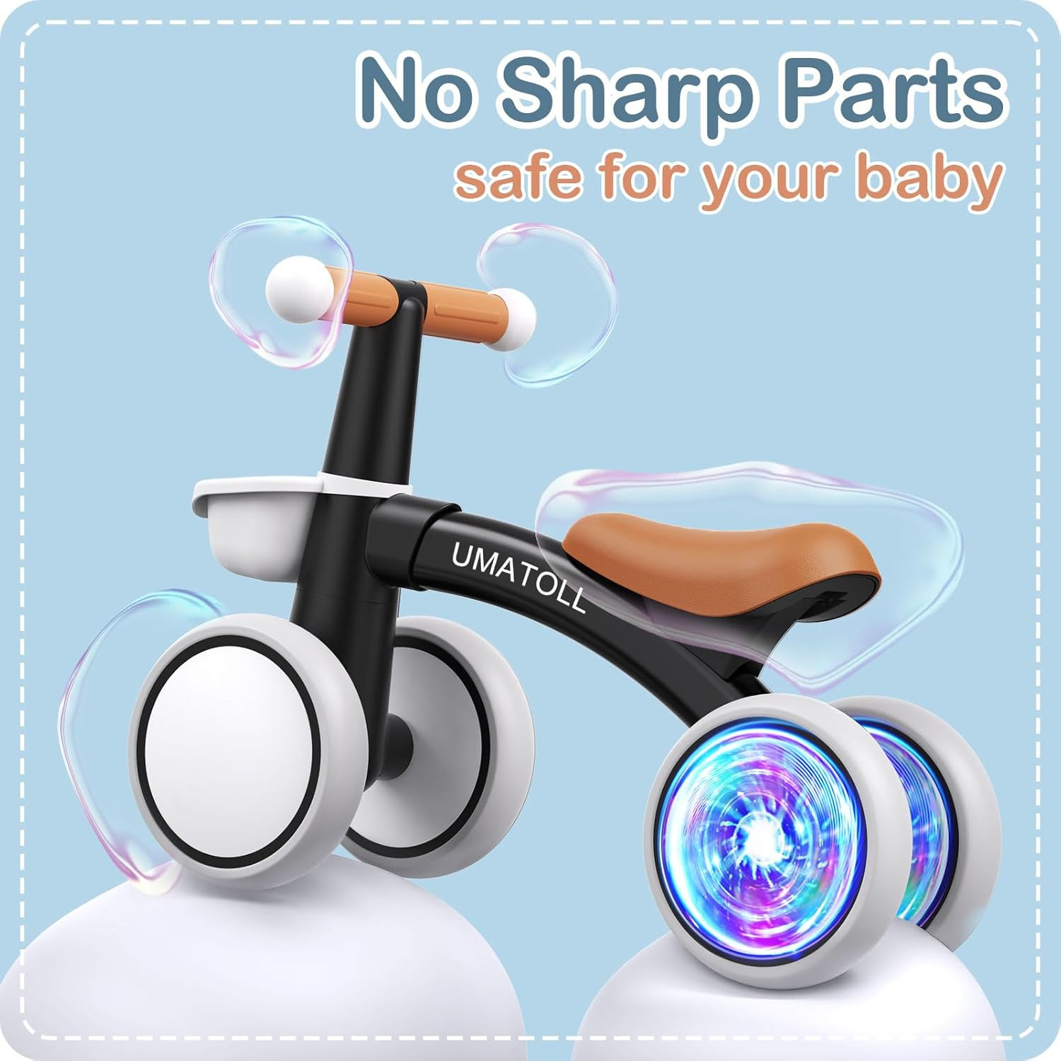 Colorful Lighting Baby Balance Bike for 1-2 Year Old Boys Girls, Adjustable Soft