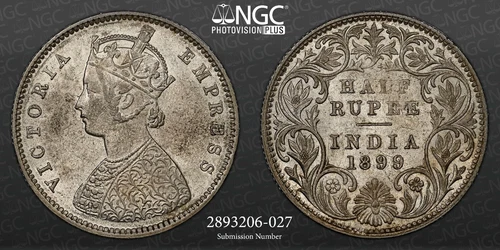 British India 1899B INDIA 1/2 RUPEE NGC MS 62