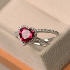 925 Sterling Silver Lab-Created Ruby Ring, 2 Rings Gift Set, Perfect for Her