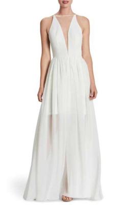 DRESS THE POPULATION 'PATRICIA' ILLUSIONS CHIFFON ROMANTIC WHITE MAXI DRESS  sz M | eBay