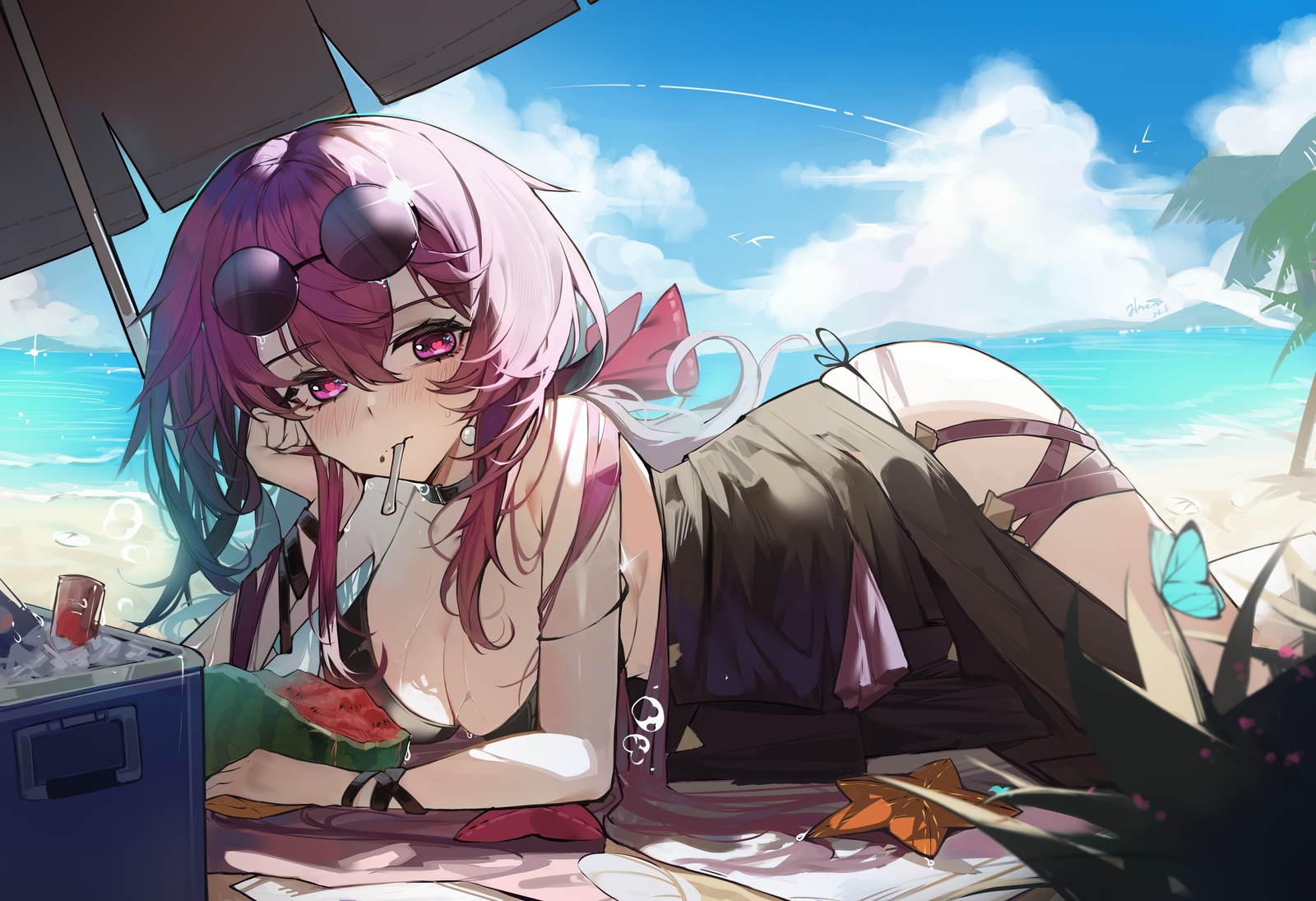 Anime girls kafka honkai rail clouds sky lying on front Playmat Gaming Mat Desk