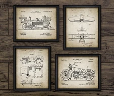 Vehicles Patent Prints Set of 4, Vintage Style Wall Art