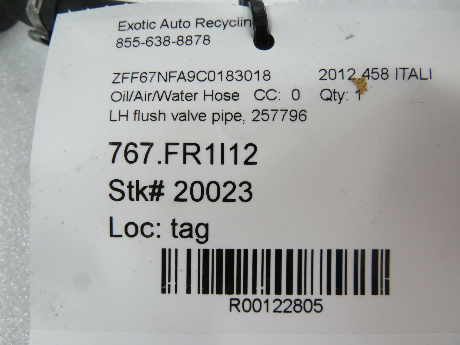 Ferrari 458 Italia, LH, Left, Flush Valve Pipe, Used, P/N 257796
