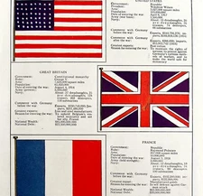 Flags Of WW1 Lithograph 1918 US Great Britain France Russia Military Art DWY6