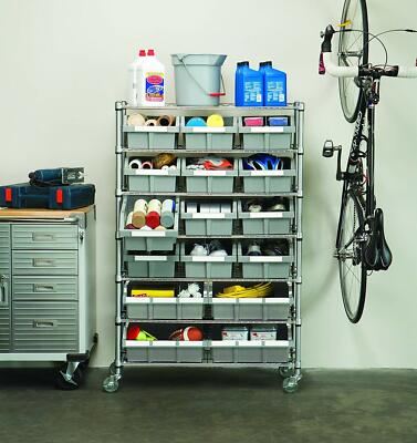 Shelf Storage System With Bins Garage Pantry Shed Tool Organizer with Wheels Big