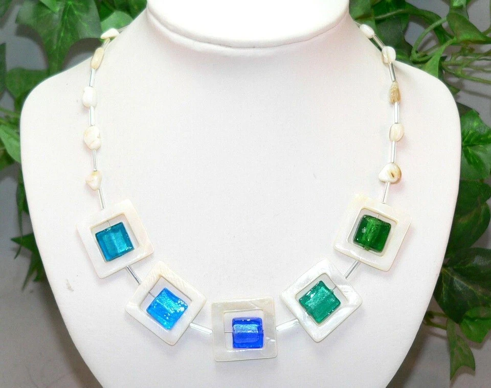 Halskette Kette Muschel natur weiß Lampwork Murano Art blau petrol türkis 278L - Bild 2 von 2